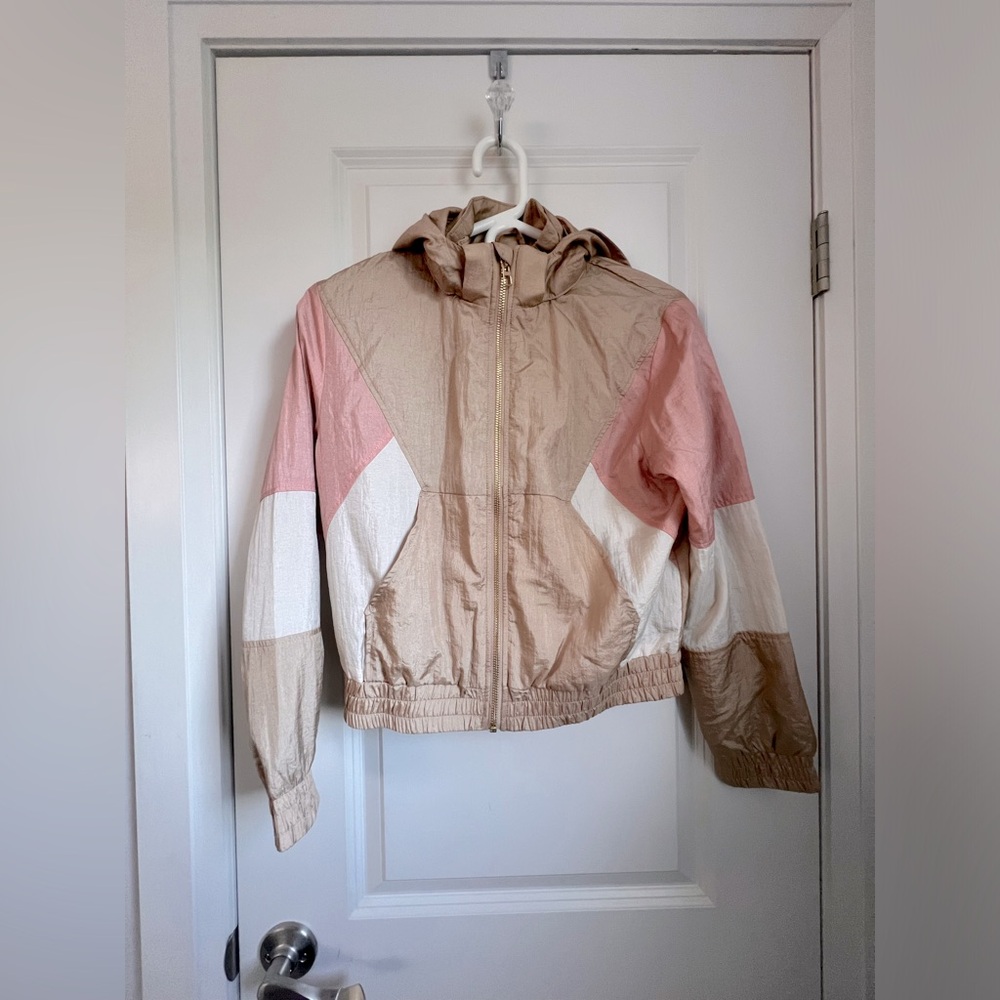 H&M Girls pink/tan/cream hooded windbreaker
